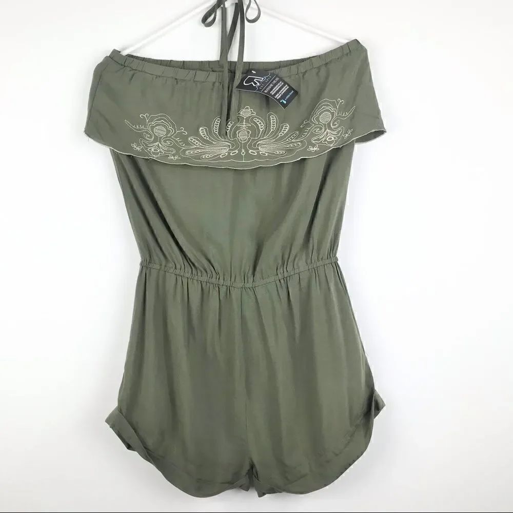 NEW Akualani Olive Green Sleeveless Halter Romper with Embroidery